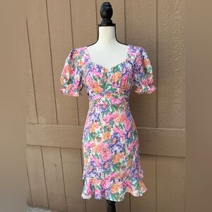 ZC Multicolor Floral Puff Sleeve Open Back Short Dress Sweetheart Neck (L)